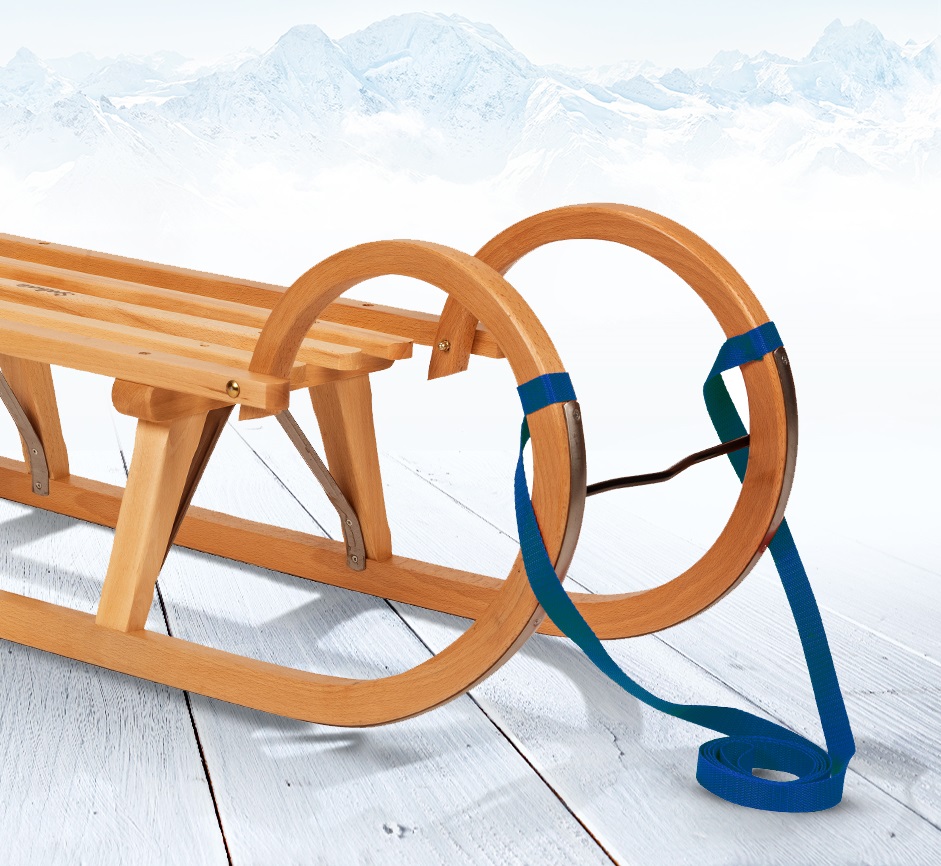 Impag® Hörner-Schlitten Holz 115 cm, Zuggurt, Lehne, Fußsack Blau