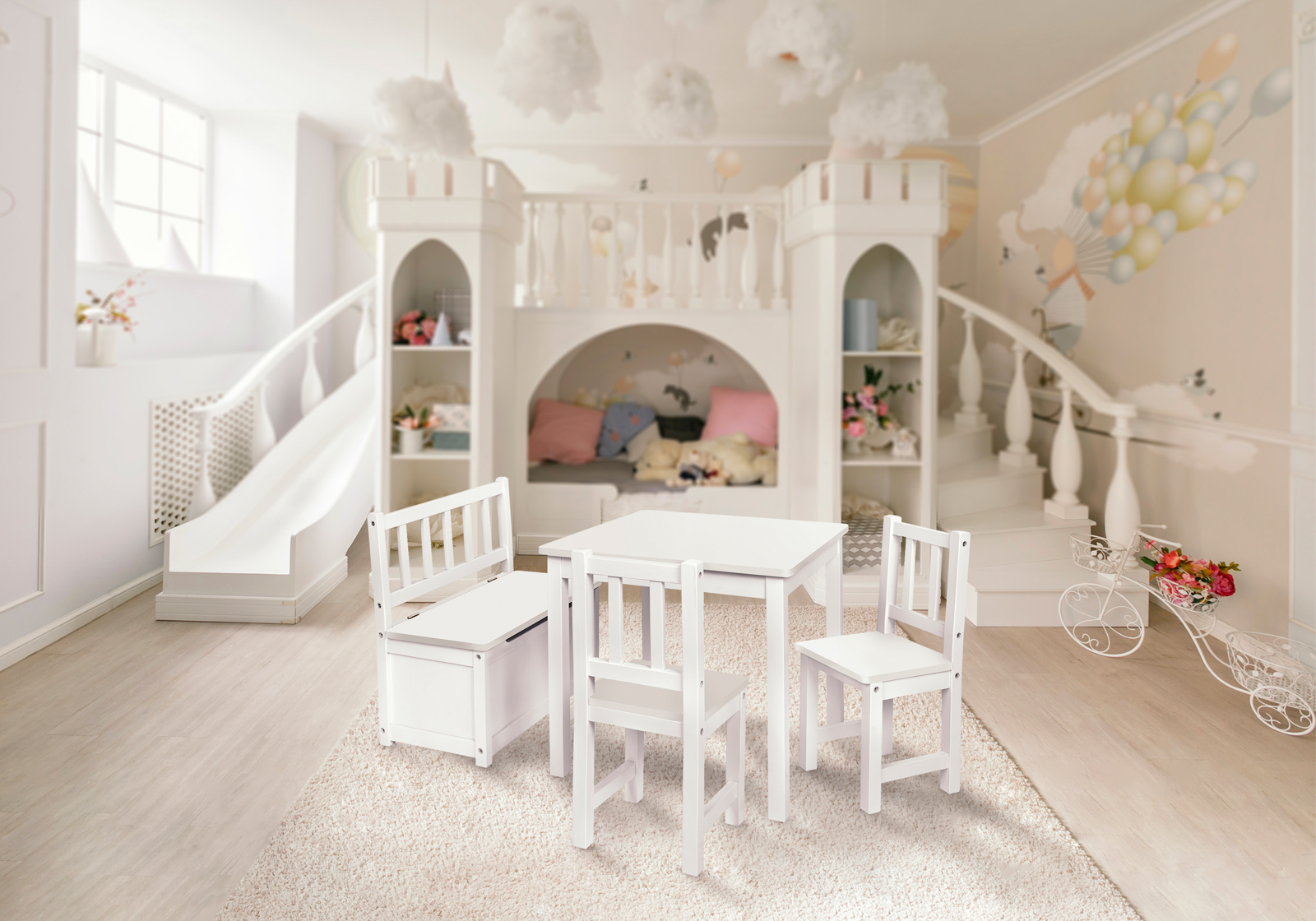 IMPAG® Kindersitzgruppe mit 1 Tisch 2 Stühle & 1 Truhenbank