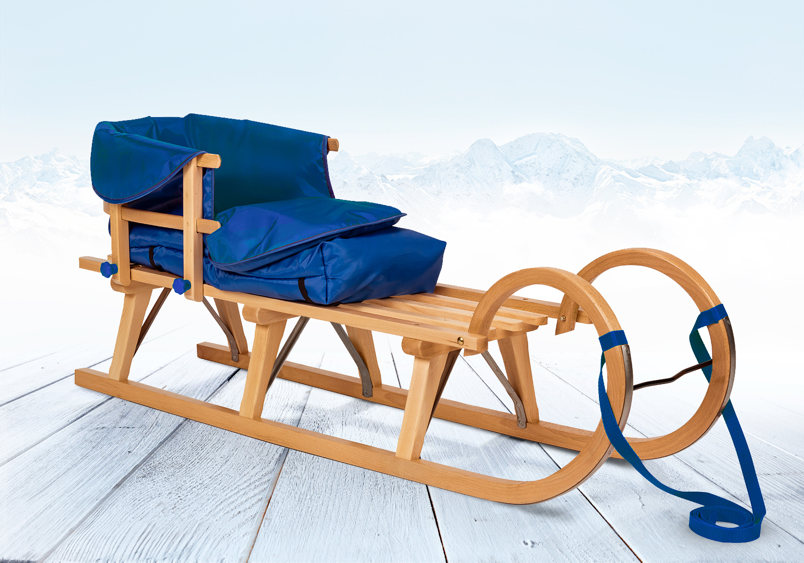 Impag® Hörner-Schlitten Holz 115 cm, Zuggurt, Lehne, Fußsack Blau