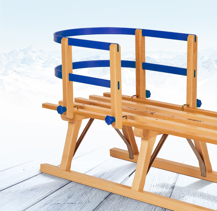 Impag® Hörner-Schlitten Holz 115 cm, Zuggurt, Lehne, Fußsack Blau
